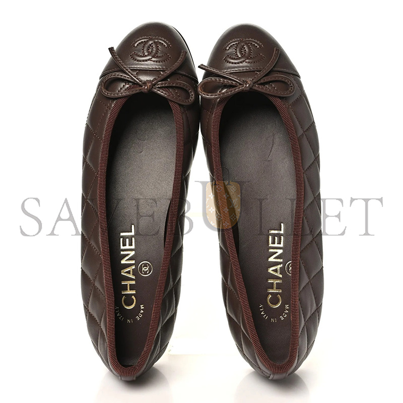 Ch**el LAMBSKIN QUILTED CC CAP TOE BALLERINA FLATS BROWN